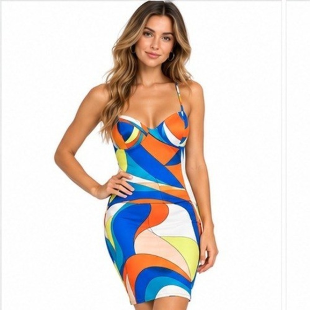 Cache Dress Sz 4 Vintage Y2K BodyCon Abstract Cross Back Midi Retro Mod Festival